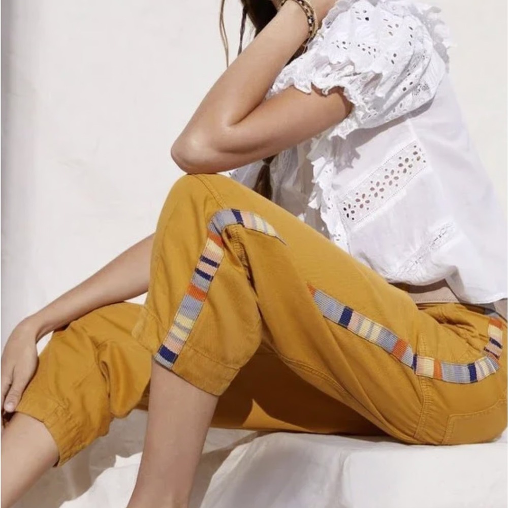 Anthropologie Brendan Utility Pants Women's 2 Mustard Yellow Cargo Striped Crop